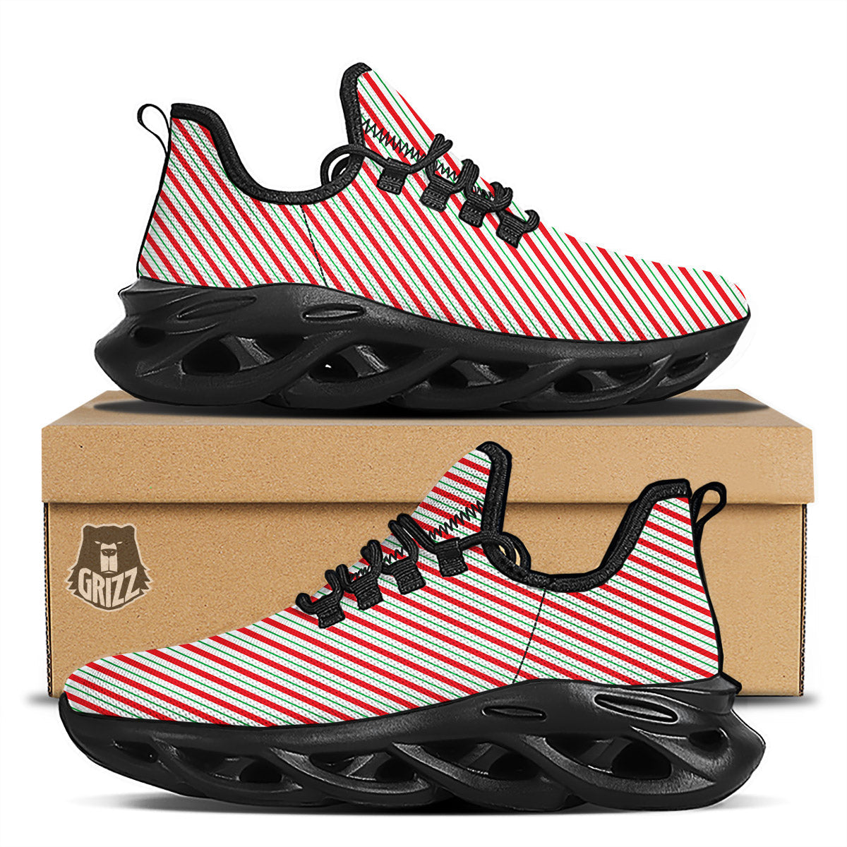 Stripes Candy Cane Print Pattern Black Running Shoes-grizzshop