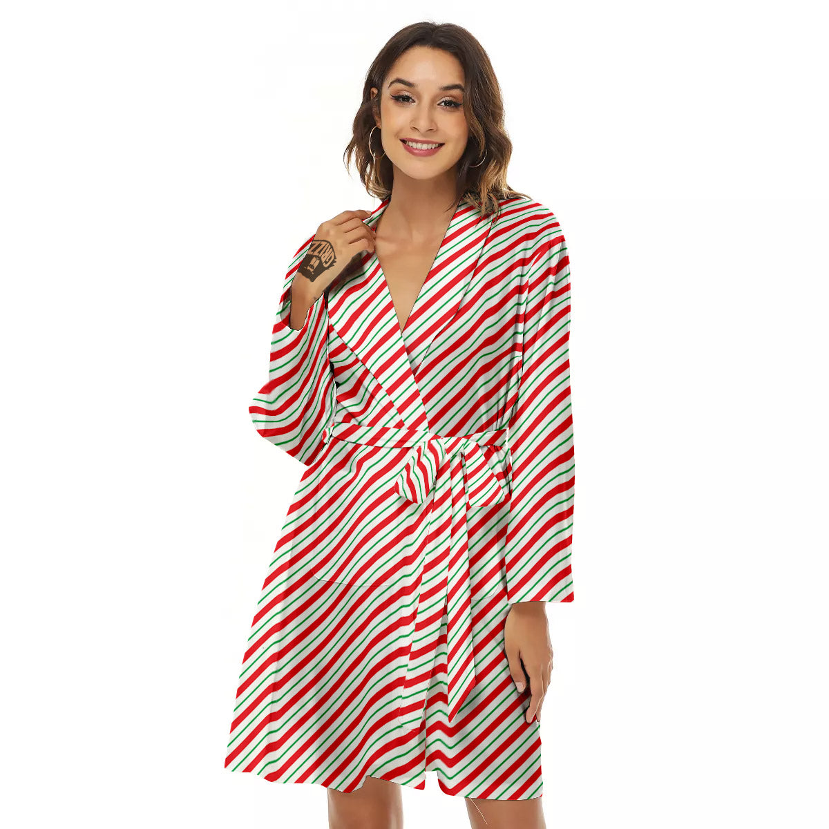 Stripes Candy Cane Print Pattern Women's Robe-grizzshop