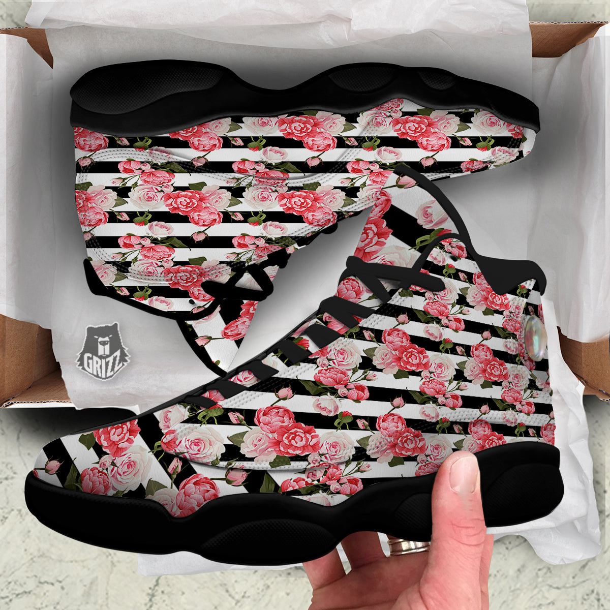 Stripes Peony And Roses Print Pattern Black Basketball Shoes-grizzshop