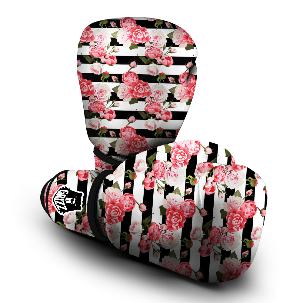 Stripes Peony And Roses Print Pattern Boxing Gloves-grizzshop
