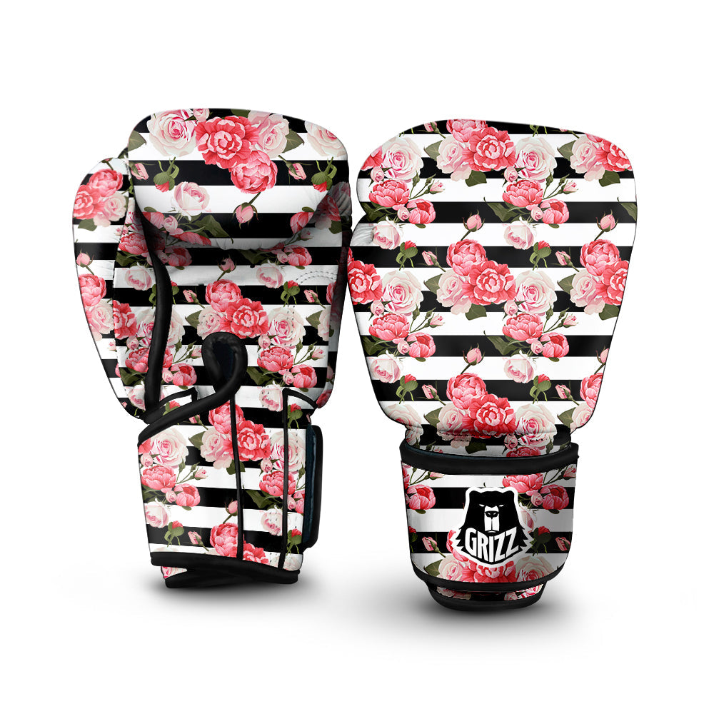 Stripes Peony And Roses Print Pattern Boxing Gloves-grizzshop