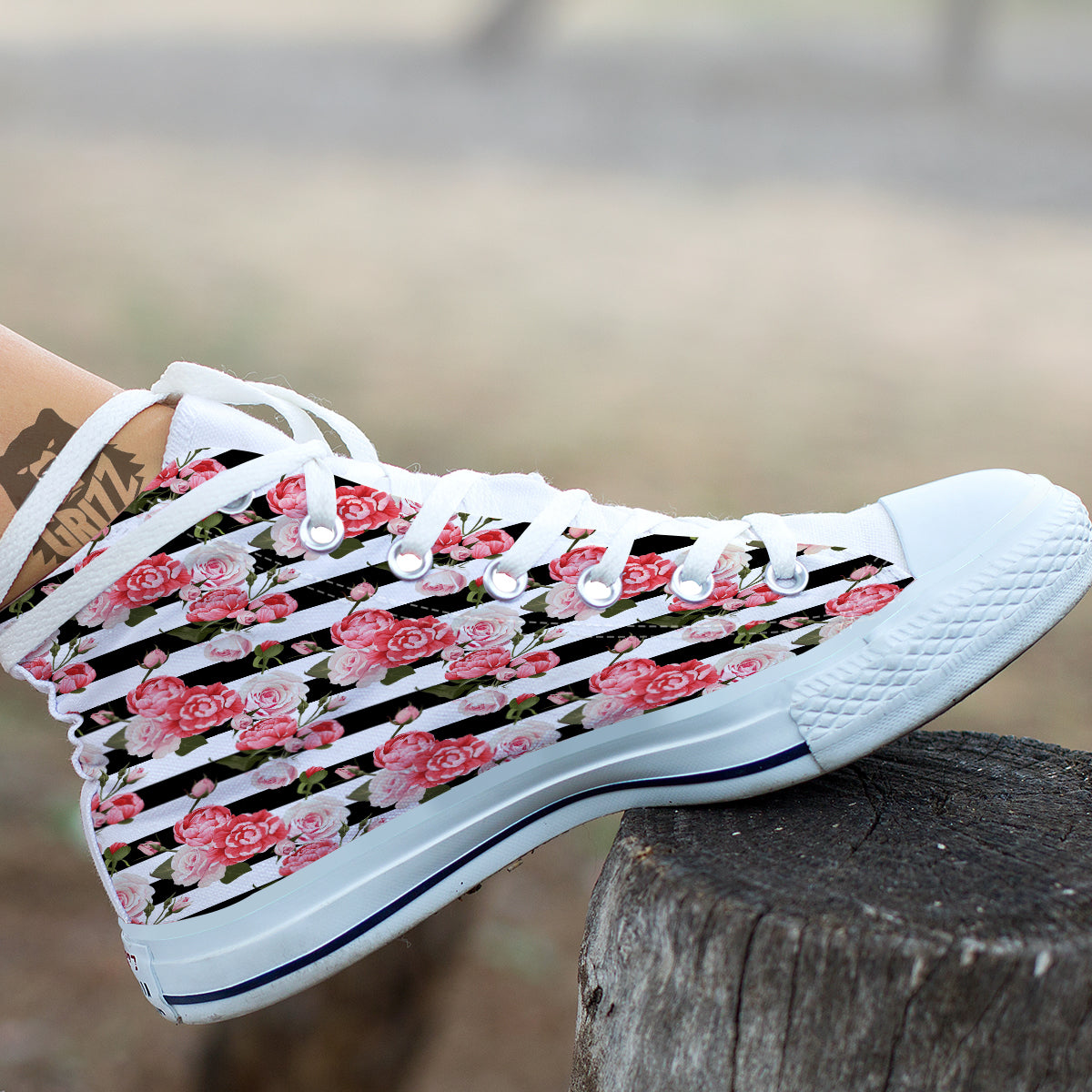 Stripes Peony And Roses Print Pattern White High Top Shoes-grizzshop