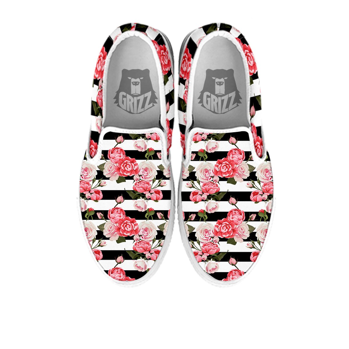 Stripes Peony And Roses Print Pattern White Slip On Shoes-grizzshop