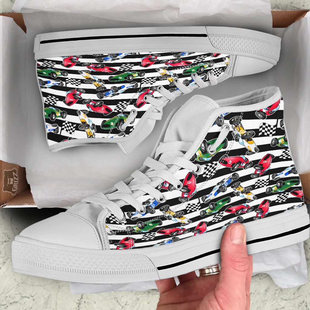 Stripes Racing Cars Print Pattern White High Top Shoes-grizzshop