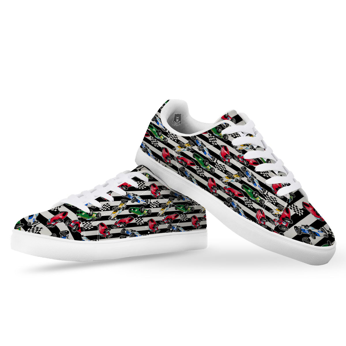 Stripes Racing Cars Print Pattern White Low Top Sneakers-grizzshop