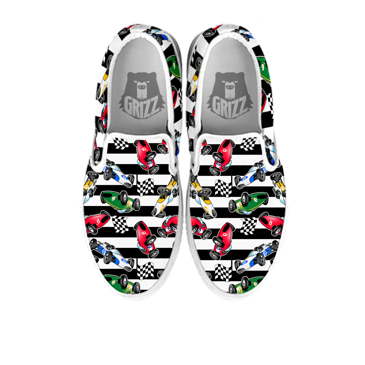 Stripes Racing Cars Print Pattern White Slip On Shoes-grizzshop