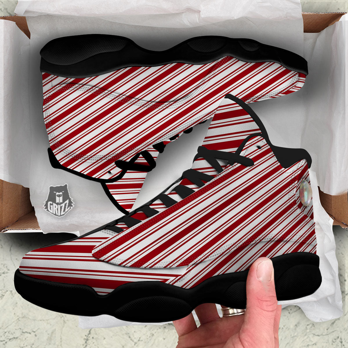 Stripes Xmas Candy Cane Print Pattern Black Basketball Shoes-grizzshop
