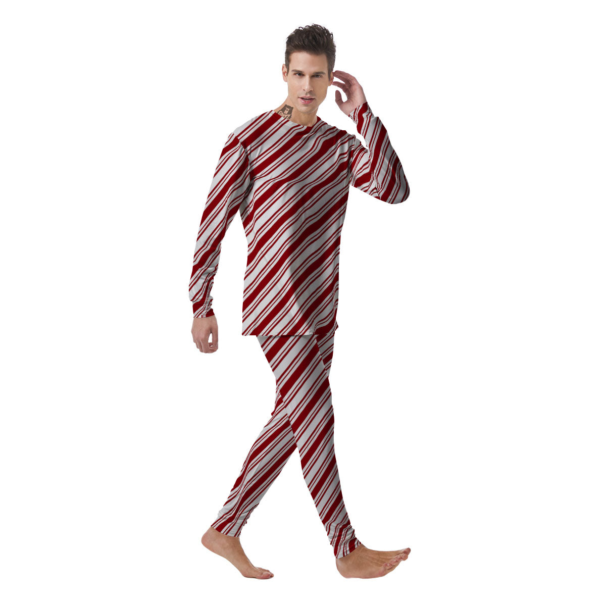 Stripes Xmas Candy Cane Print Pattern Men's Pajamas-grizzshop