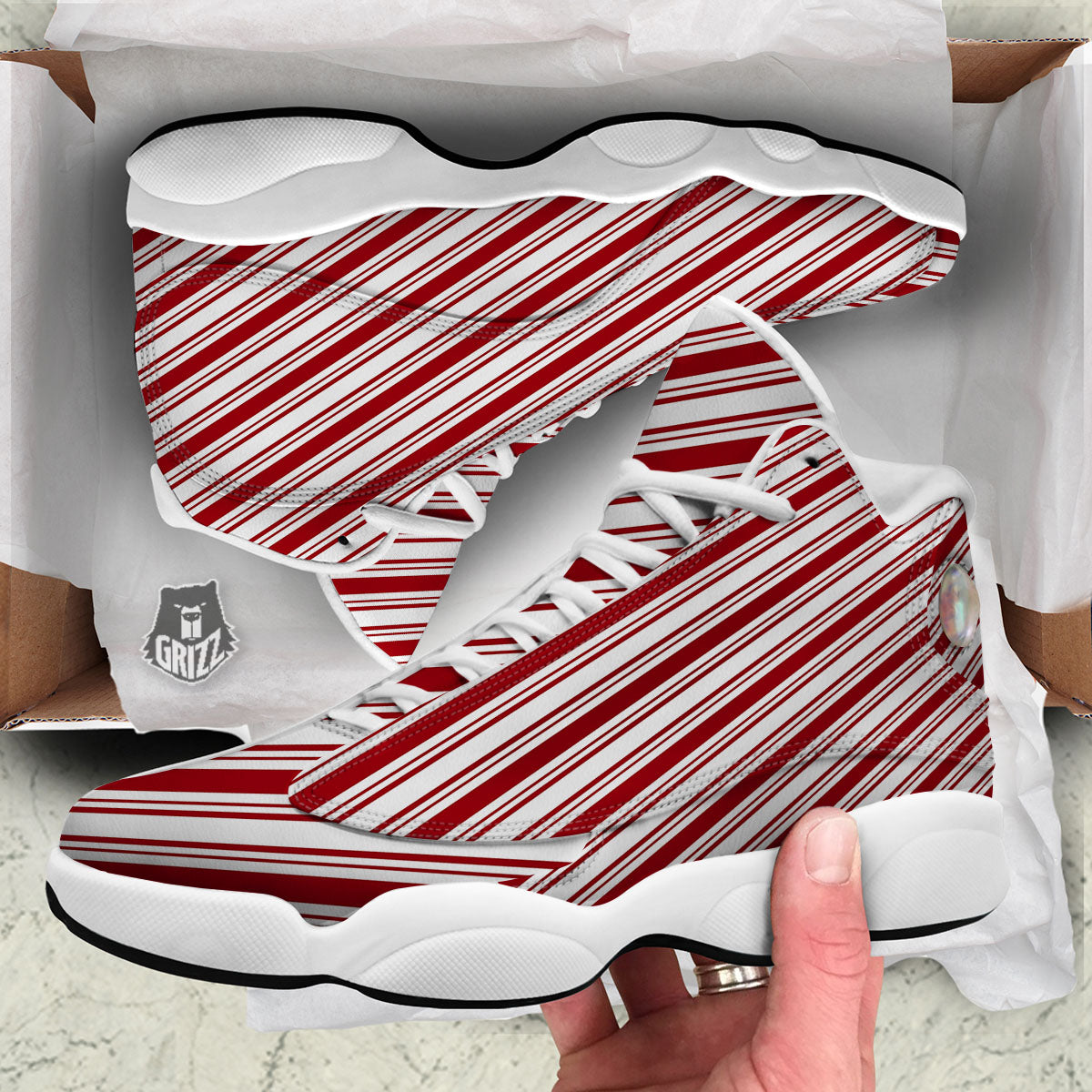 Stripes Xmas Candy Cane Print Pattern White Basketball Shoes-grizzshop