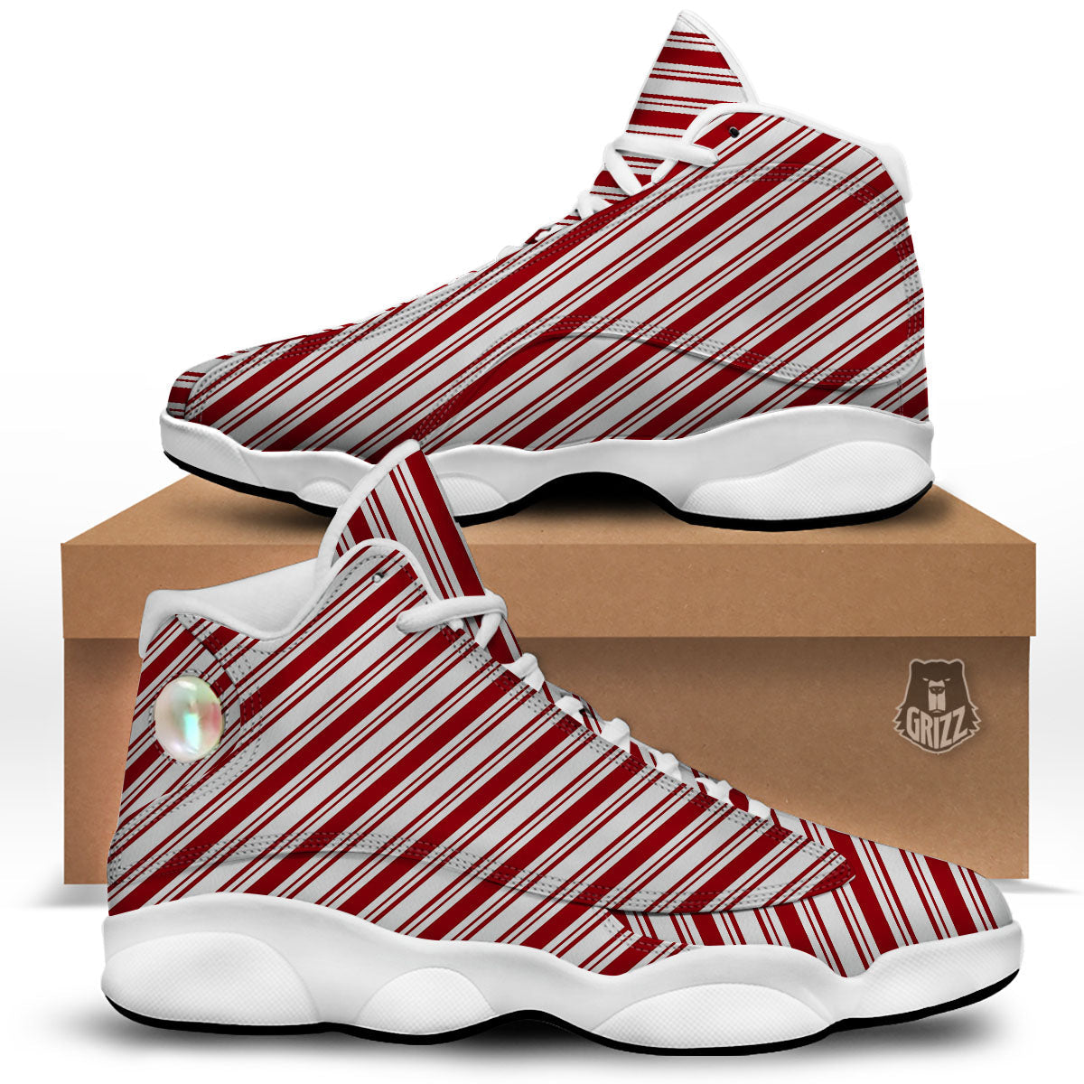 Stripes Xmas Candy Cane Print Pattern White Basketball Shoes-grizzshop