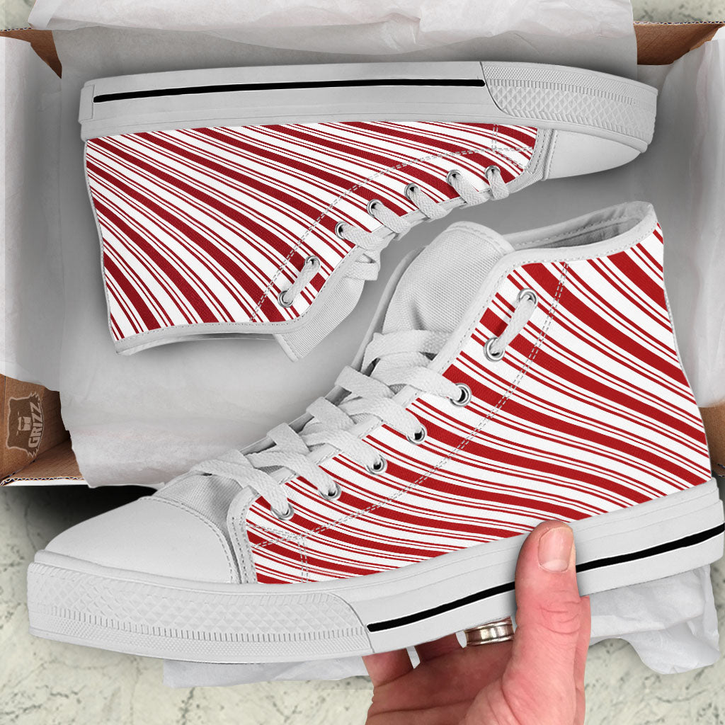 Stripes Xmas Candy Cane Print Pattern White High Top Shoes-grizzshop