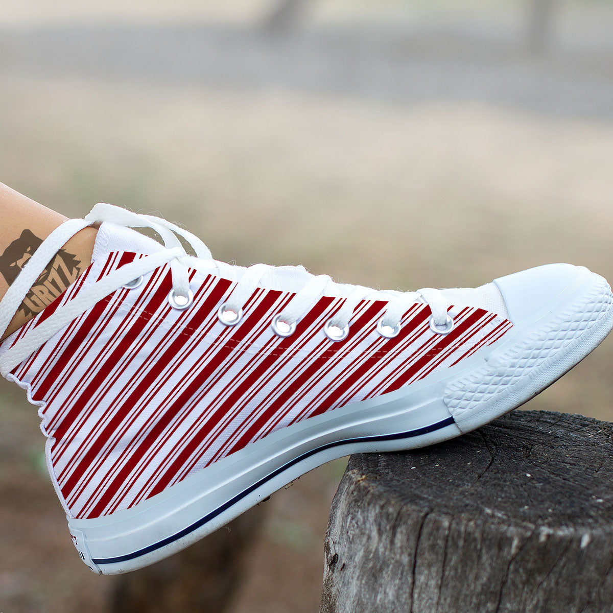 Stripes Xmas Candy Cane Print Pattern White High Top Shoes-grizzshop