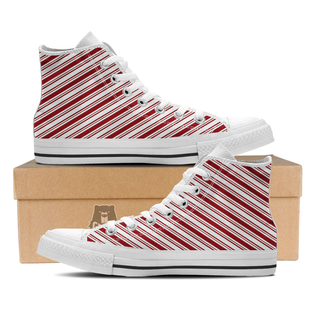 Stripes Xmas Candy Cane Print Pattern White High Top Shoes-grizzshop