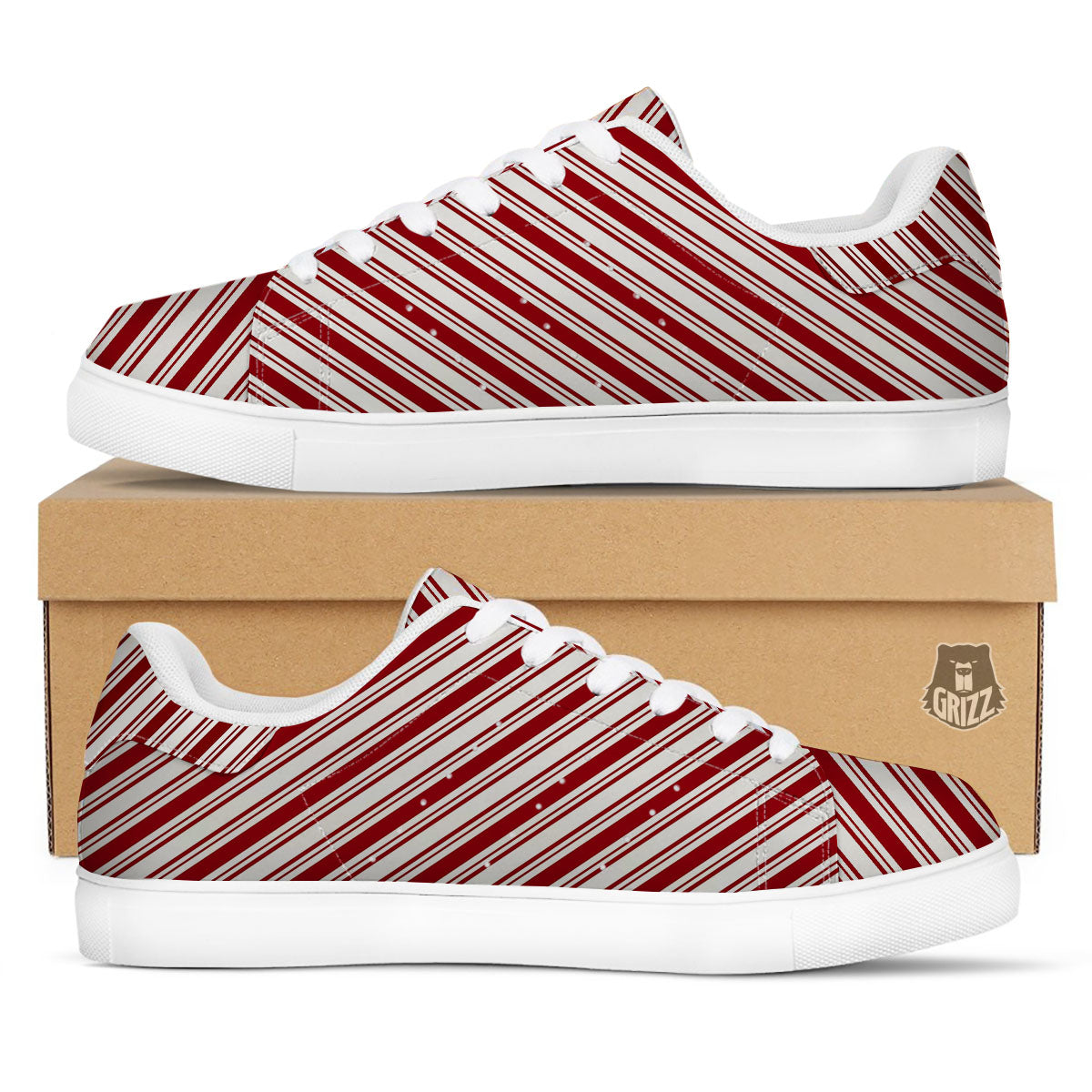 Stripes Xmas Candy Cane Print Pattern White Low Top Sneakers-grizzshop