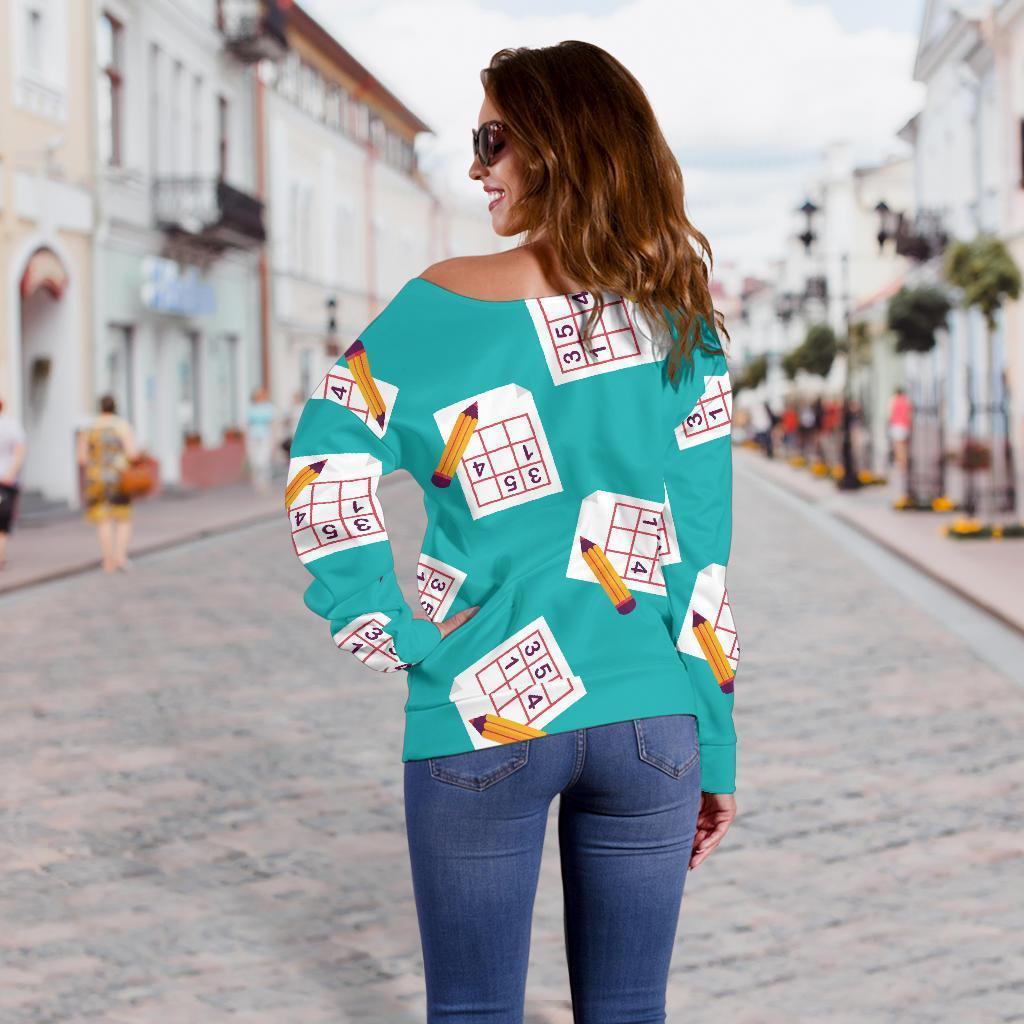 Sudoku Pattern Print Women Off Shoulder Sweatshirt-grizzshop