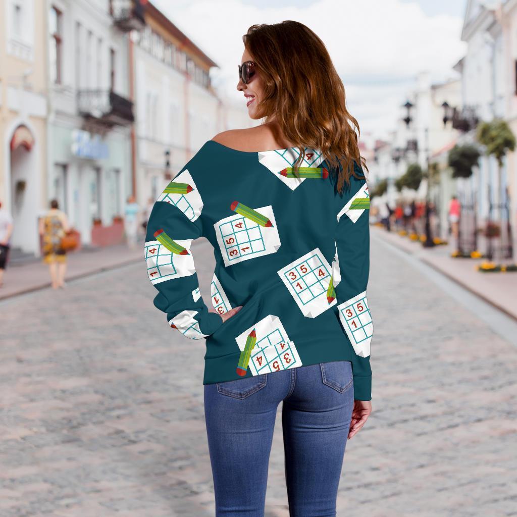 Sudoku Print Pattern Women Off Shoulder Sweatshirt-grizzshop