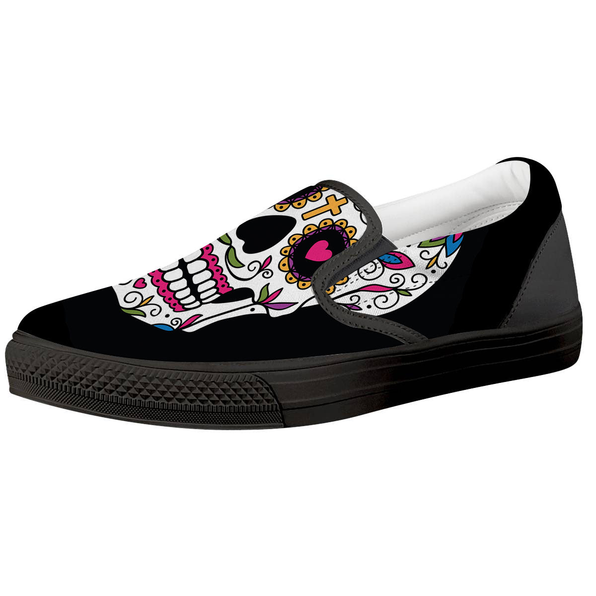 Sugar Skull Day Of The Dead Print Black Slip On Shoes-grizzshop