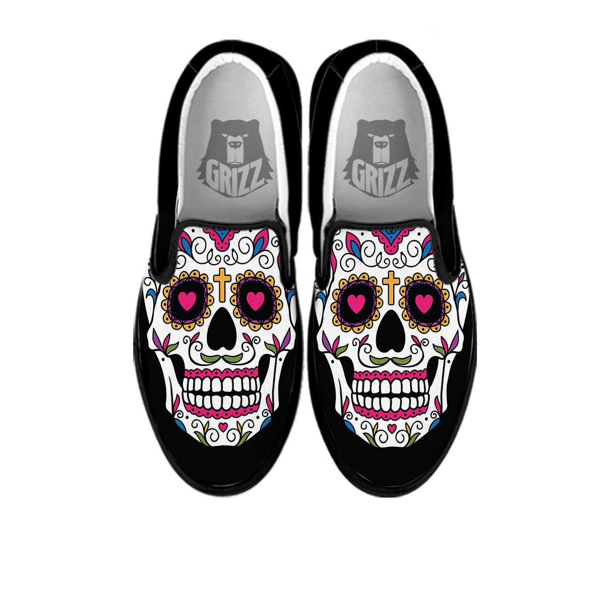 Sugar Skull Day Of The Dead Print Black Slip On Shoes-grizzshop