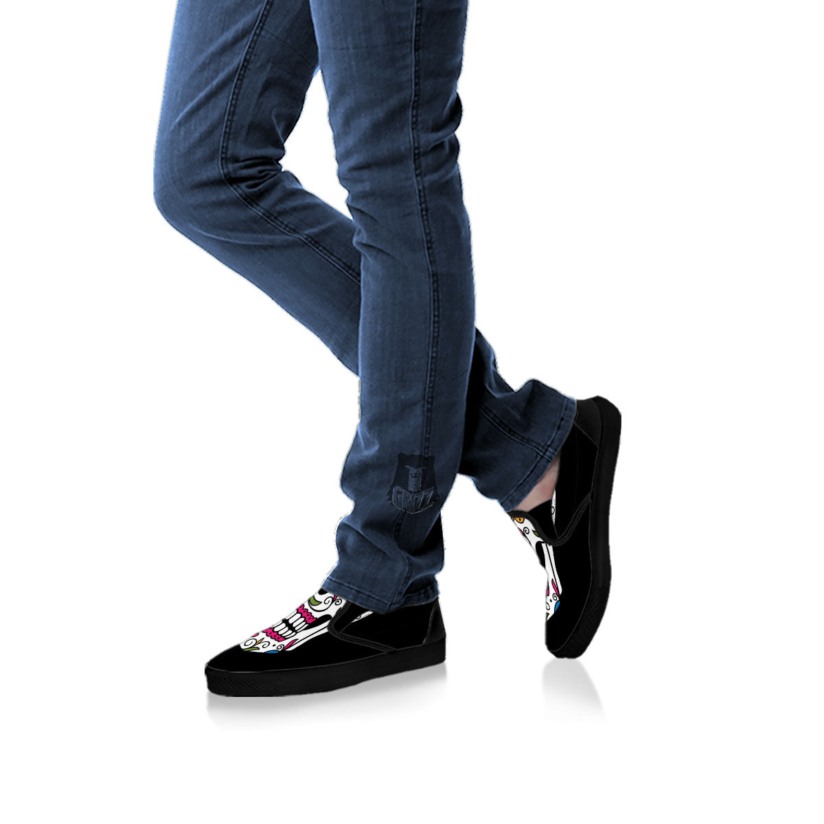 Sugar Skull Day Of The Dead Print Black Slip On Shoes-grizzshop