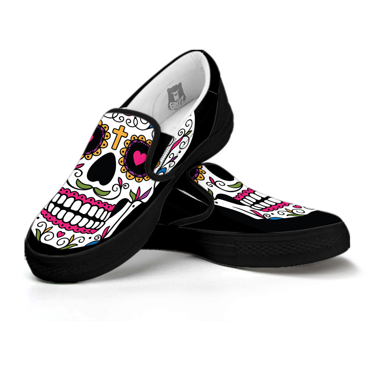 Sugar Skull Day Of The Dead Print Black Slip On Shoes-grizzshop