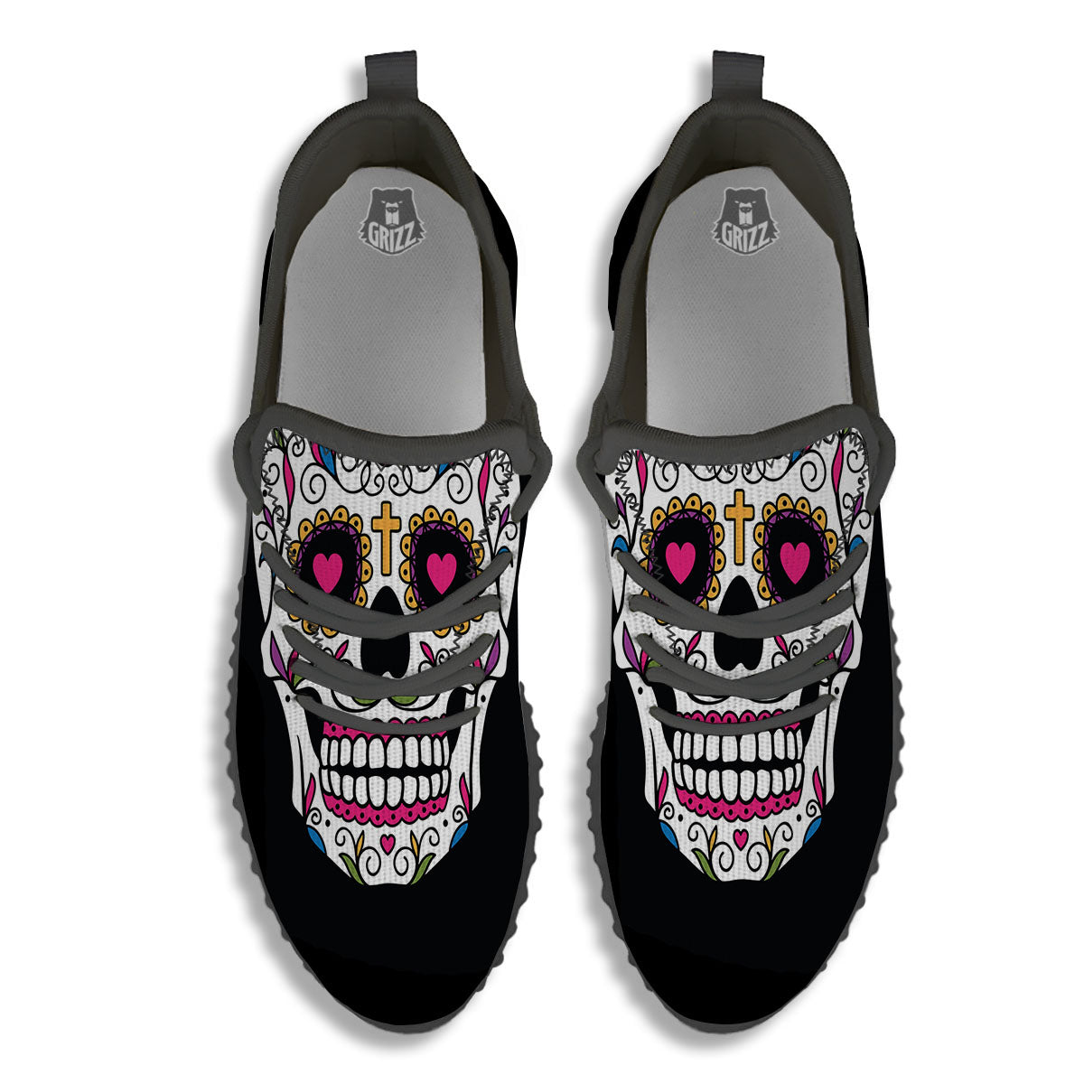 Sugar Skull Day Of The Dead Print Black Walking Shoes-grizzshop