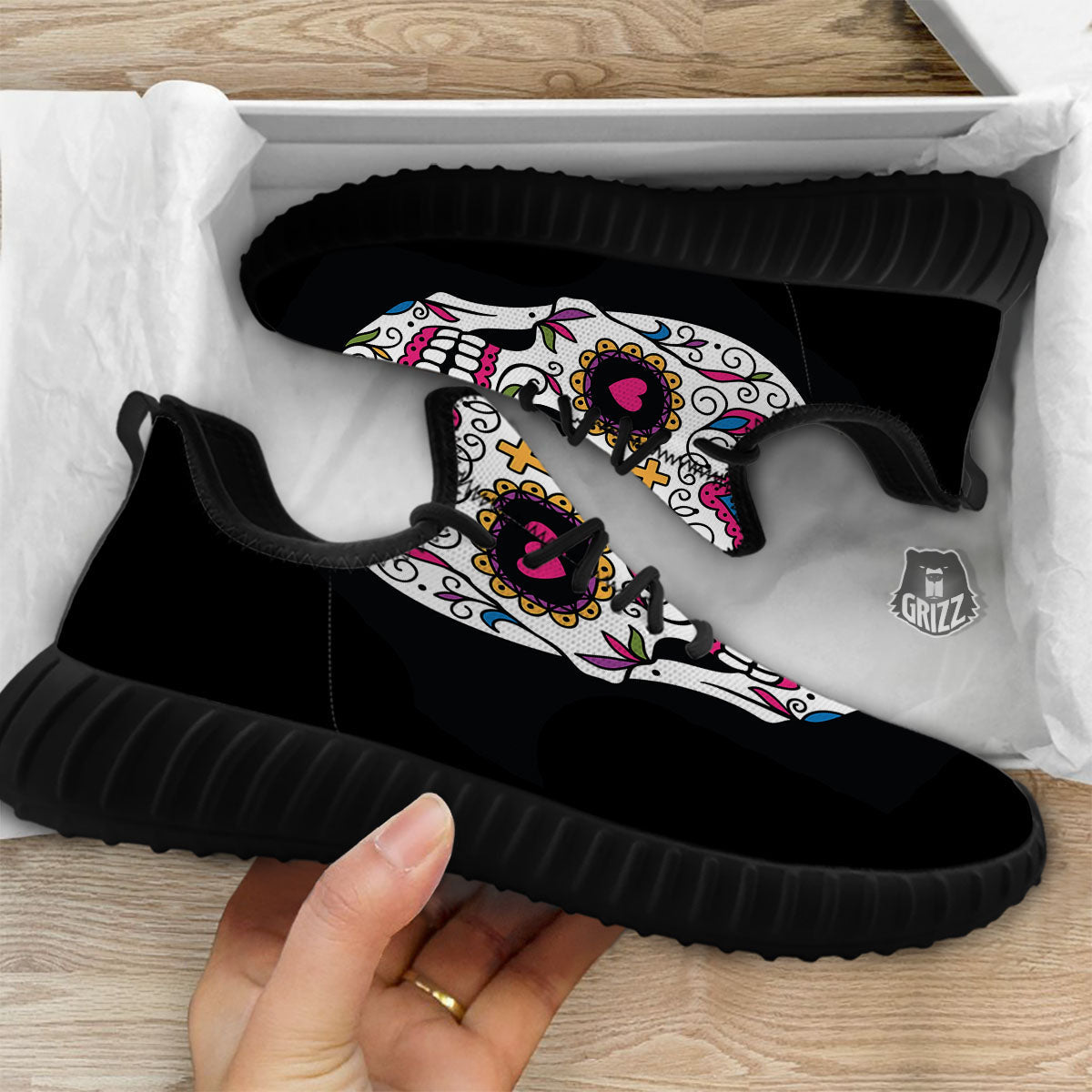 Sugar Skull Day Of The Dead Print Black Walking Shoes-grizzshop