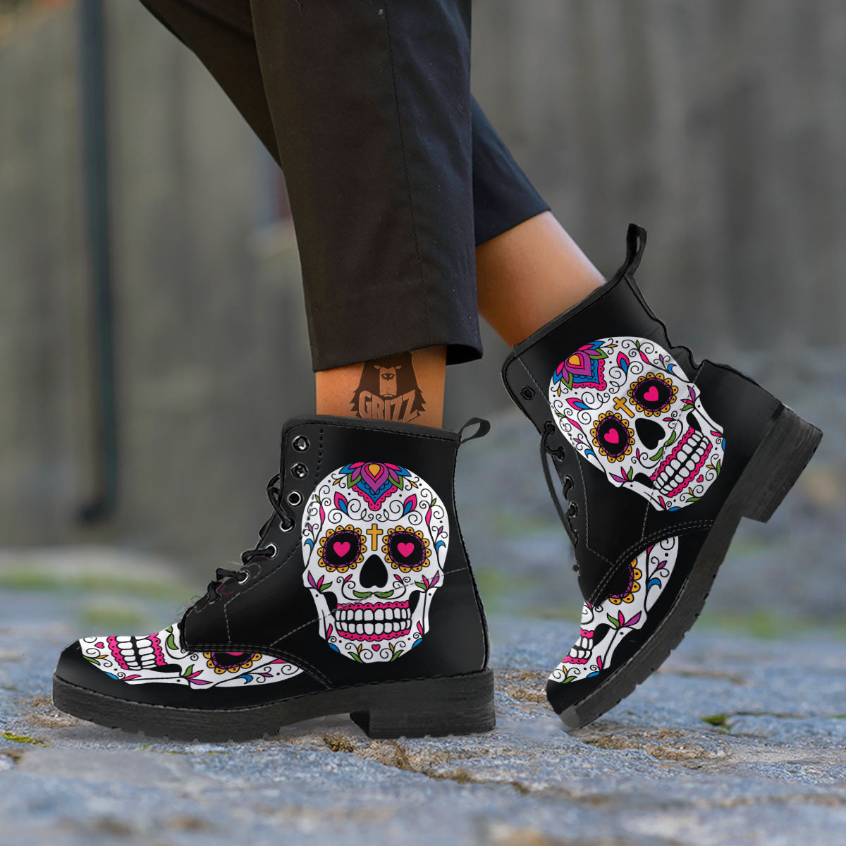Sugar Skull Day Of The Dead Print Leather Boots-grizzshop