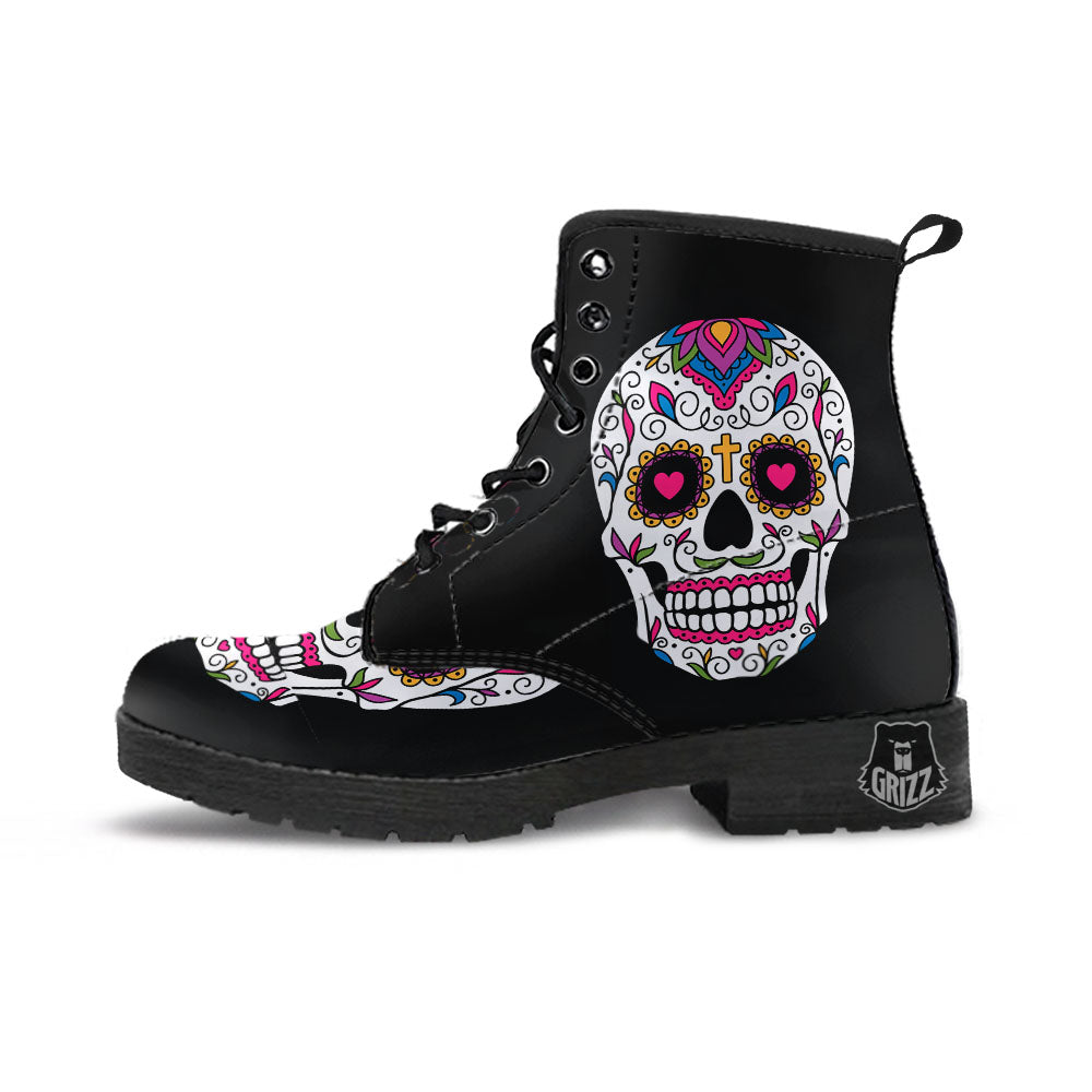 Sugar Skull Day Of The Dead Print Leather Boots-grizzshop