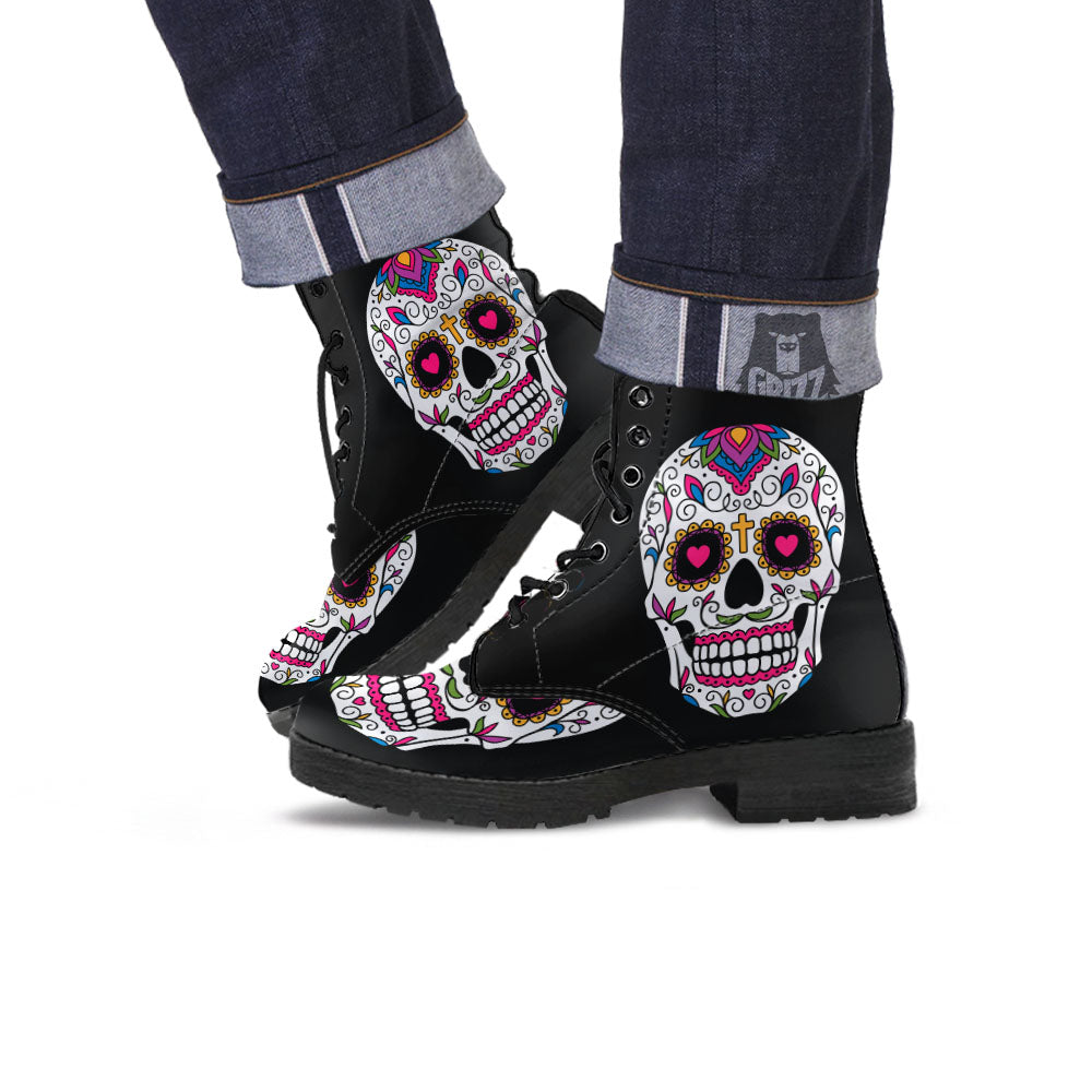 Sugar Skull Day Of The Dead Print Leather Boots-grizzshop