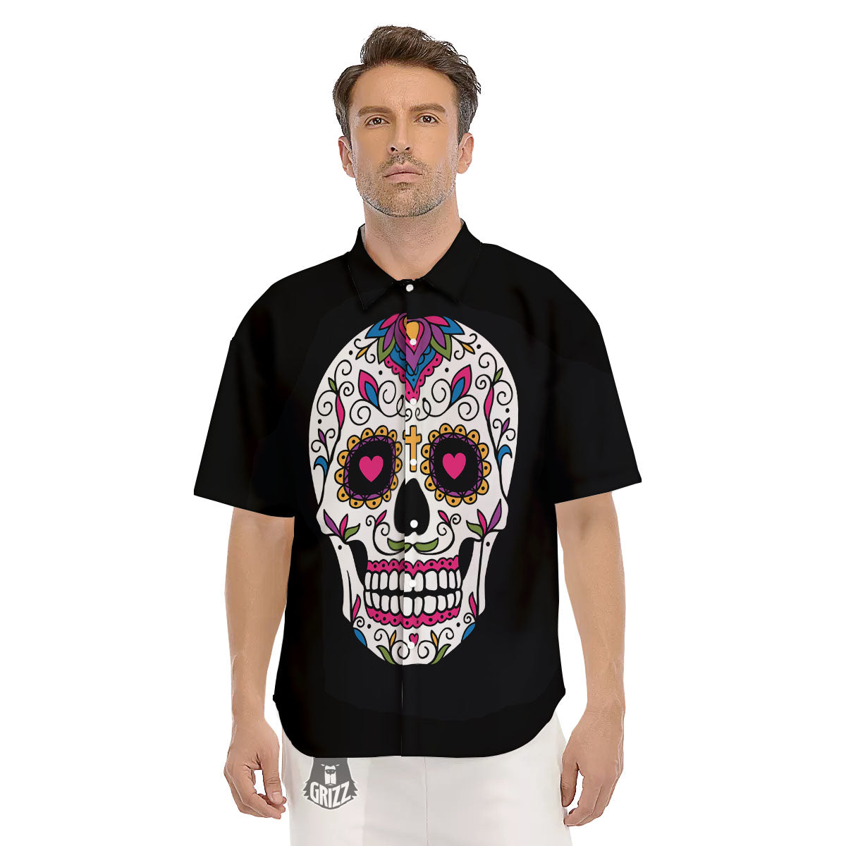 Sugar Skull Day Of The Dead Print Men's Short Sleeve Shirts-grizzshop
