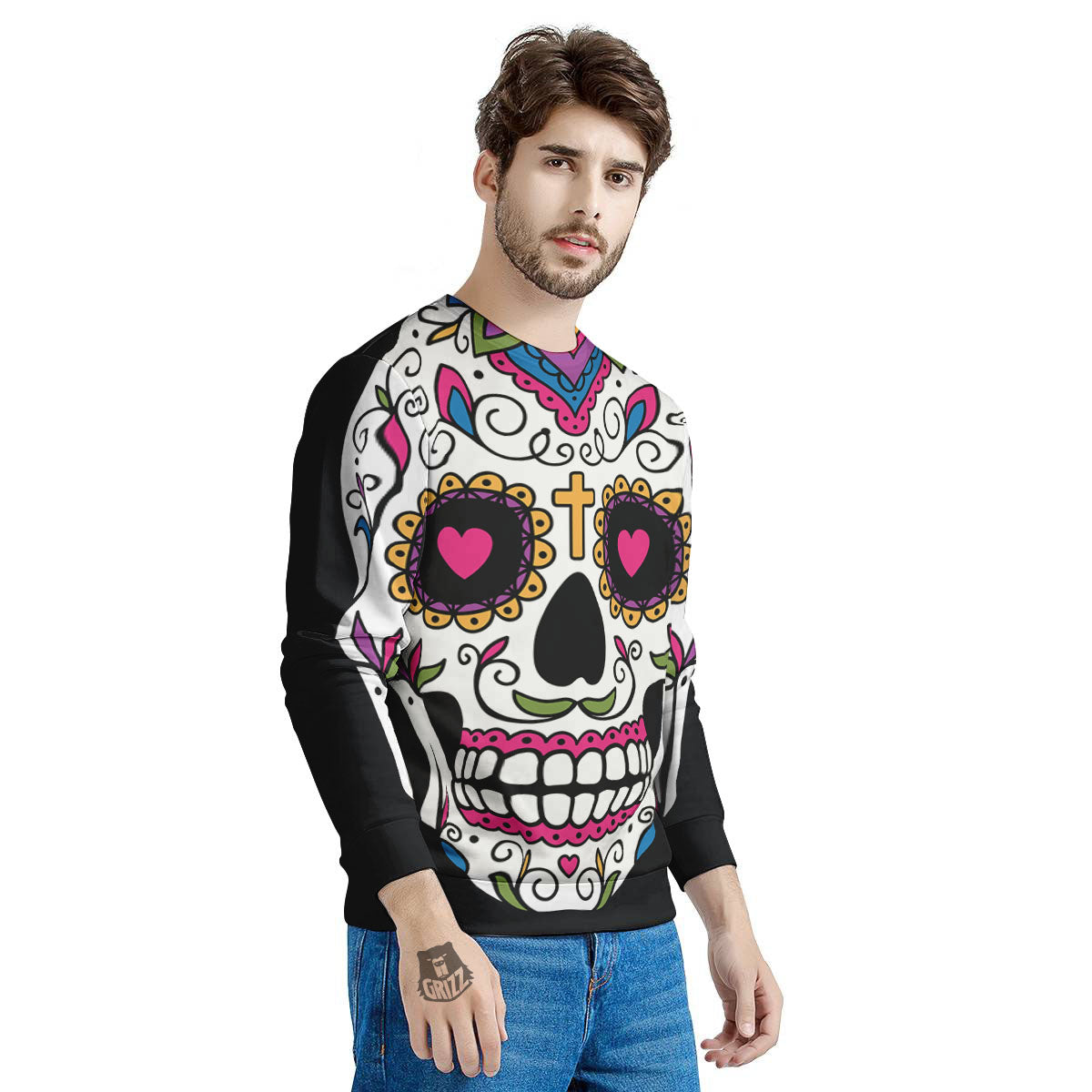 Sugar Skull Day Of The Dead Print Men's Sweatshirt-grizzshop