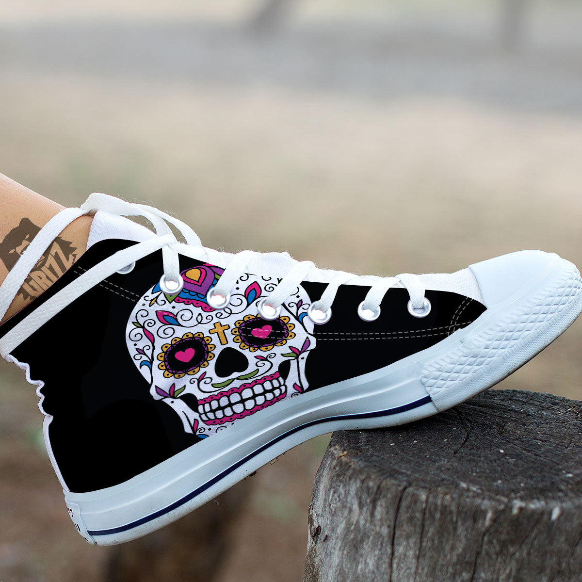 Sugar Skull Day Of The Dead Print White High Top Shoes-grizzshop