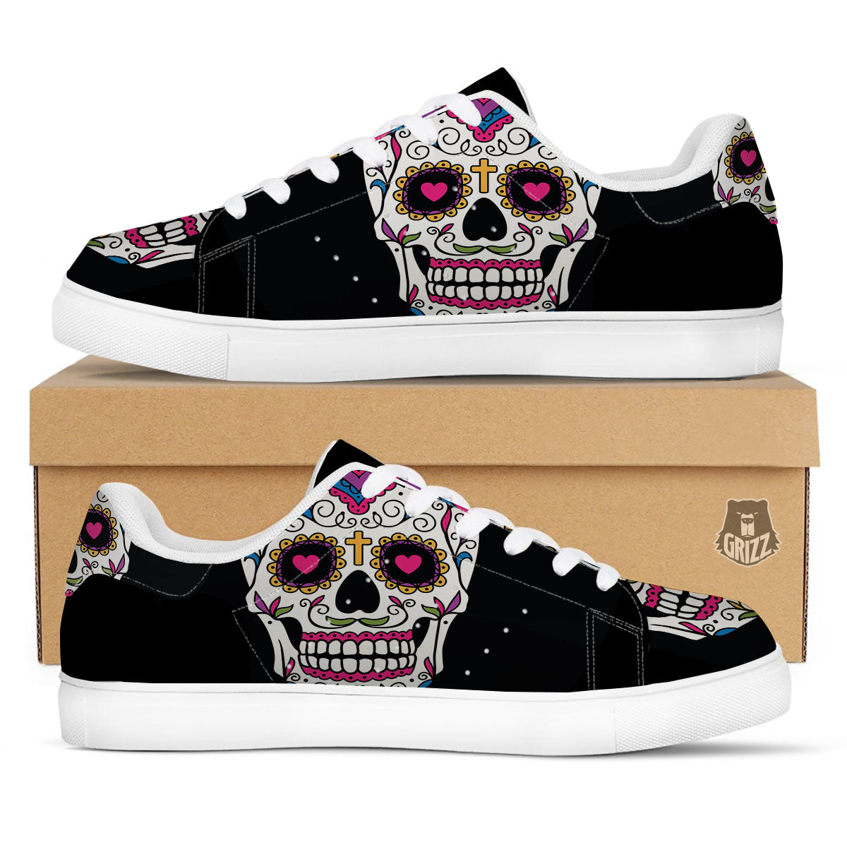 Sugar Skull Day Of The Dead Print White Low Top Sneakers-grizzshop