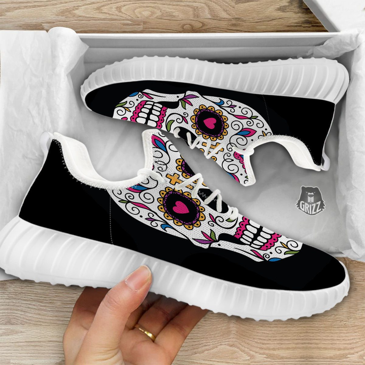 Sugar Skull Day Of The Dead Print White Walking Shoes-grizzshop