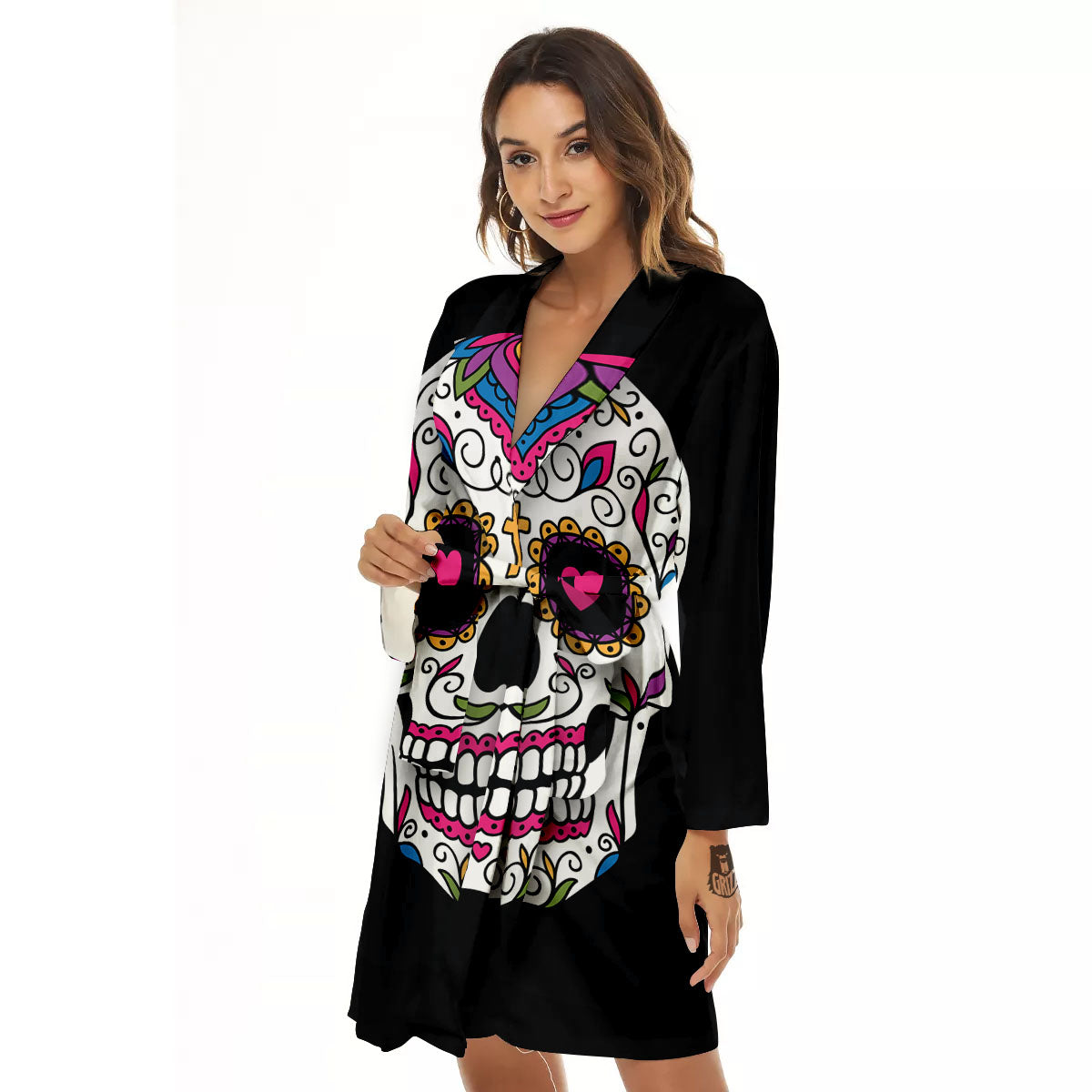 Sugar Skull Day Of The Dead Print Women's Robe-grizzshop