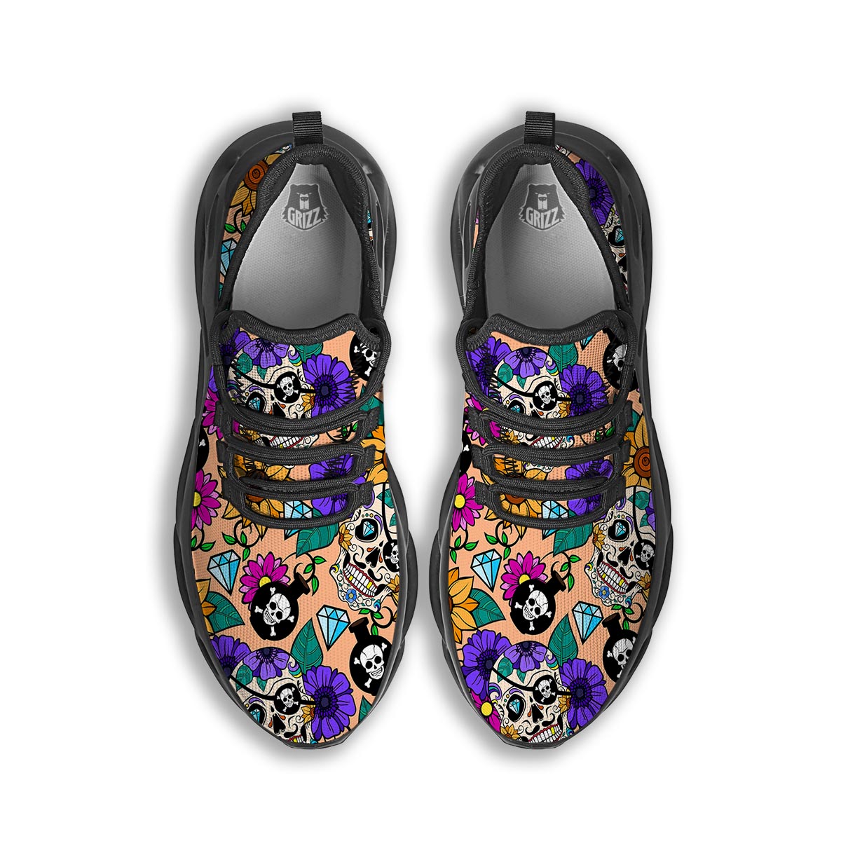 Sugar Skull Flower Black Running Shoes-grizzshop