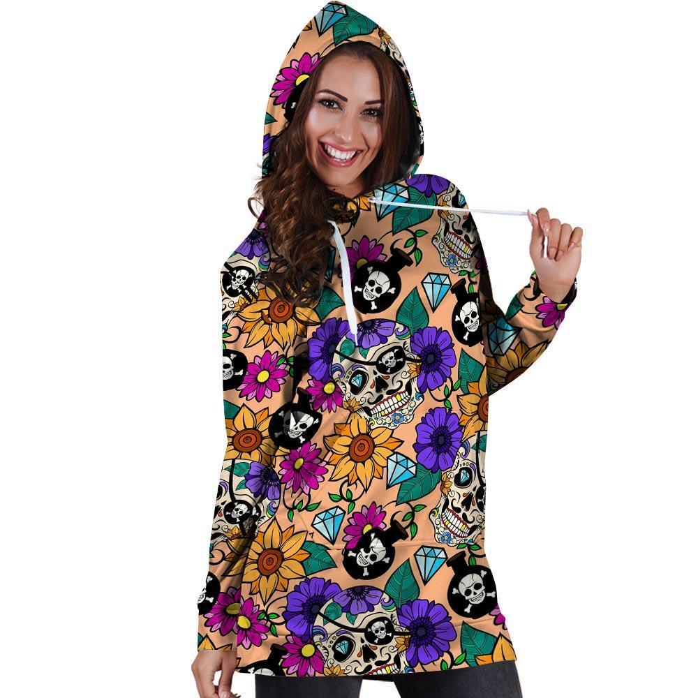 Sugar Skull Flower Hoodie Dress-grizzshop