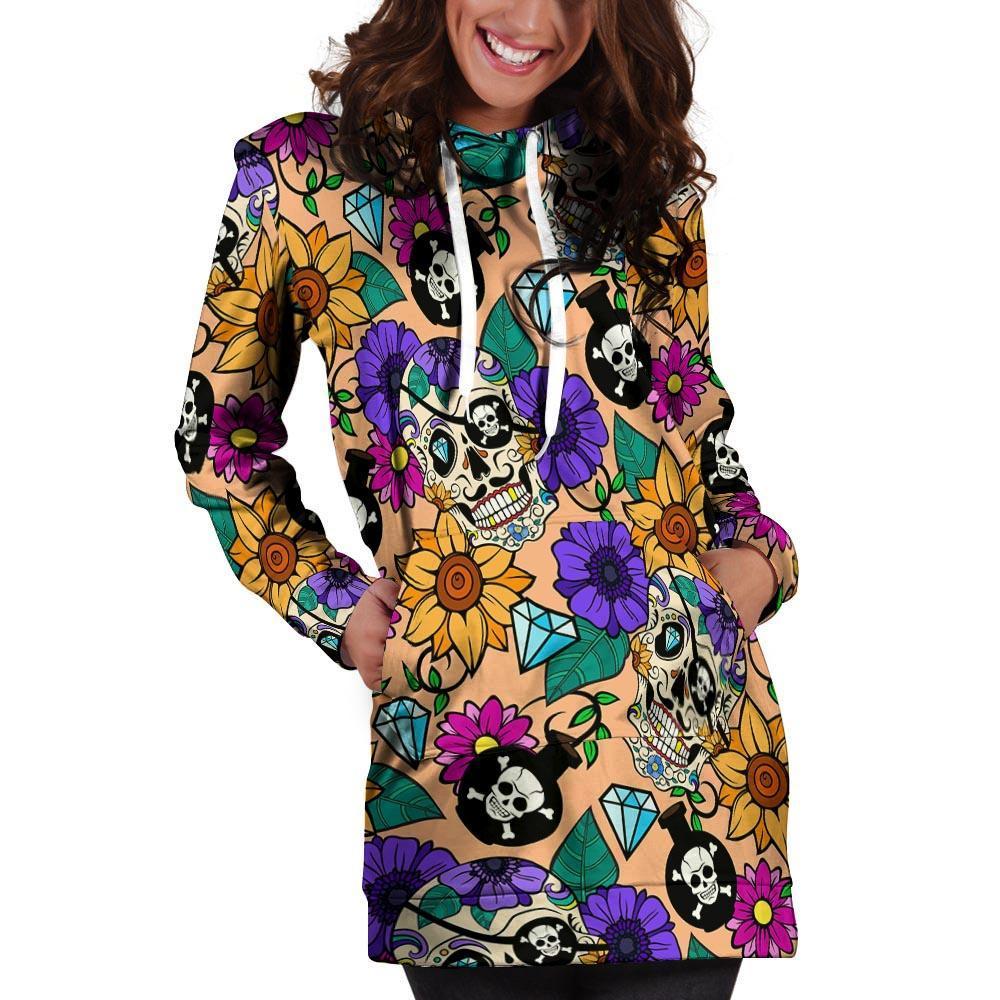 Sugar Skull Flower Hoodie Dress-grizzshop