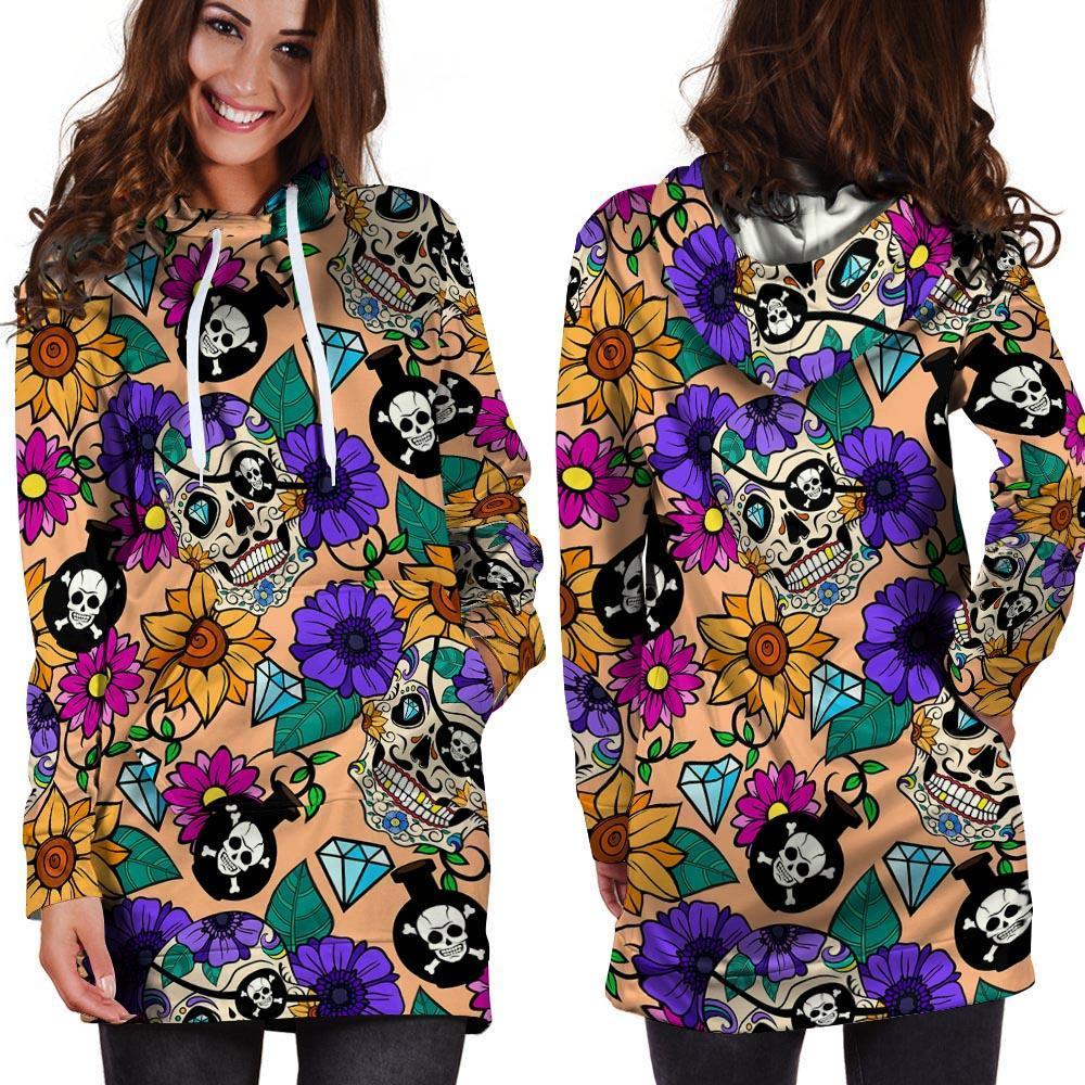 Sugar Skull Flower Hoodie Dress-grizzshop