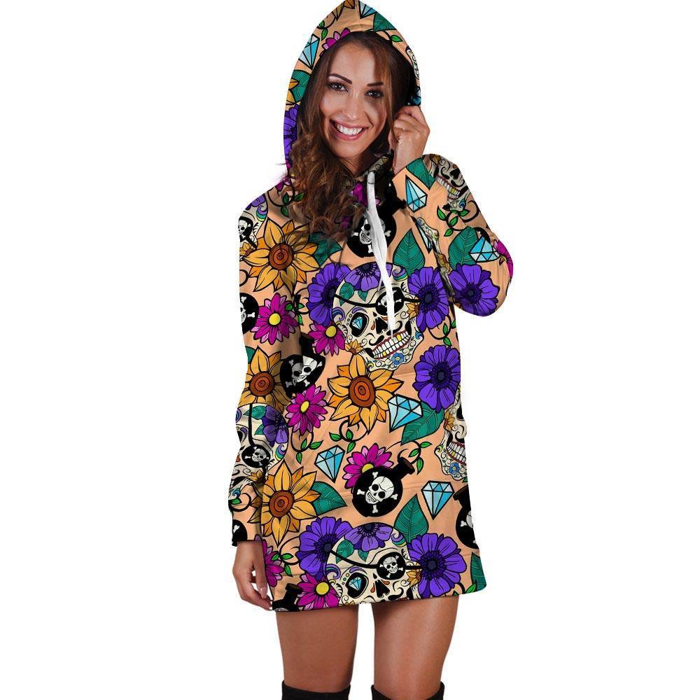 Sugar Skull Flower Hoodie Dress-grizzshop