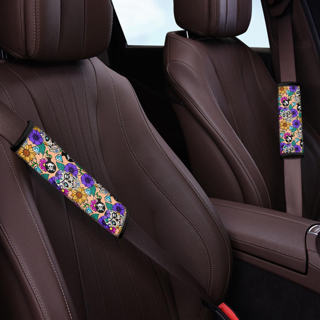 Sugar Skull Flower Seat Belt Cover-grizzshop