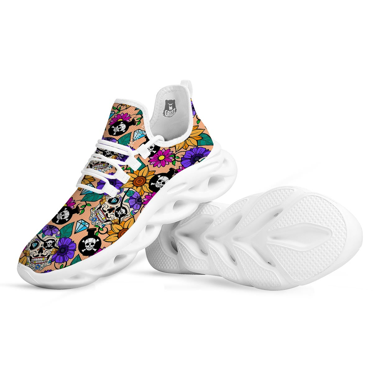 Sugar Skull Flower White Running Shoes-grizzshop