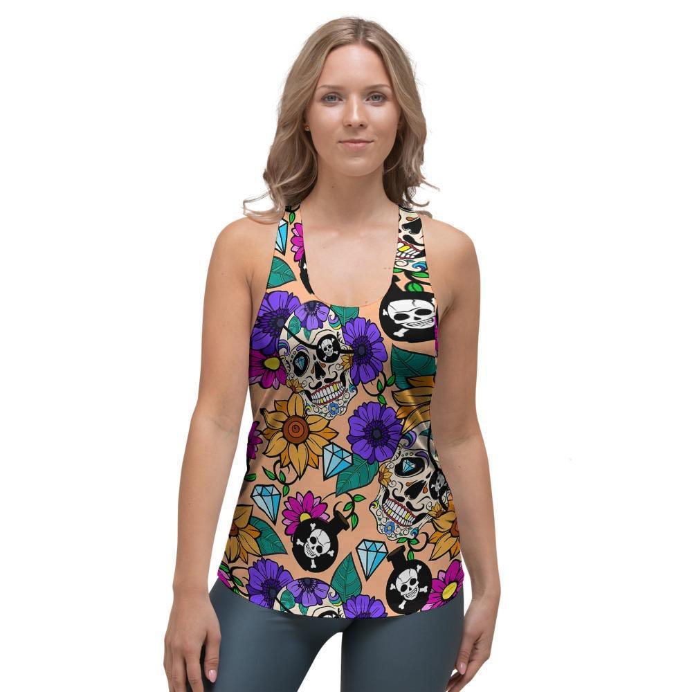 Sugar Skull Flower Women's Racerback Tank Top-grizzshop