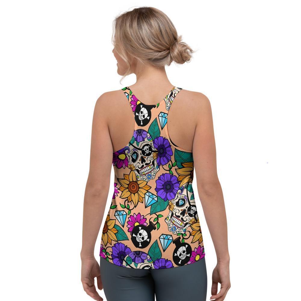 Sugar Skull Flower Women's Racerback Tank Top-grizzshop