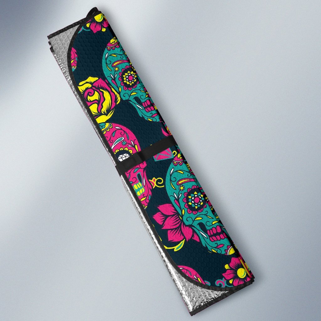 Sugar Skull Girly Skeleton Floral Pattern Print Car Sun Shade-grizzshop