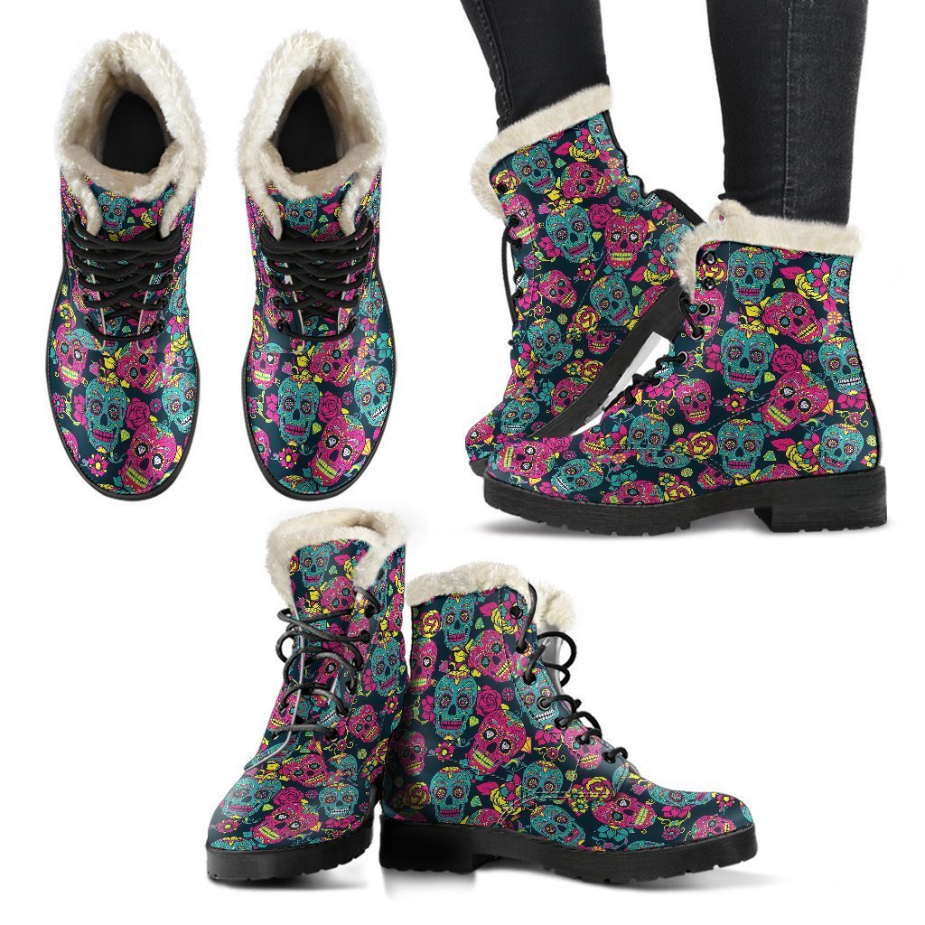 Sugar Skull Girly Skeleton Floral Pattern Print Comfy Winter Boots-grizzshop