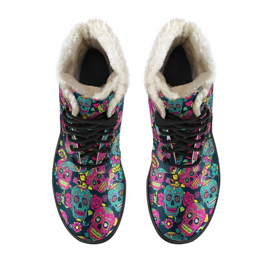Sugar Skull Girly Skeleton Floral Pattern Print Comfy Winter Boots-grizzshop