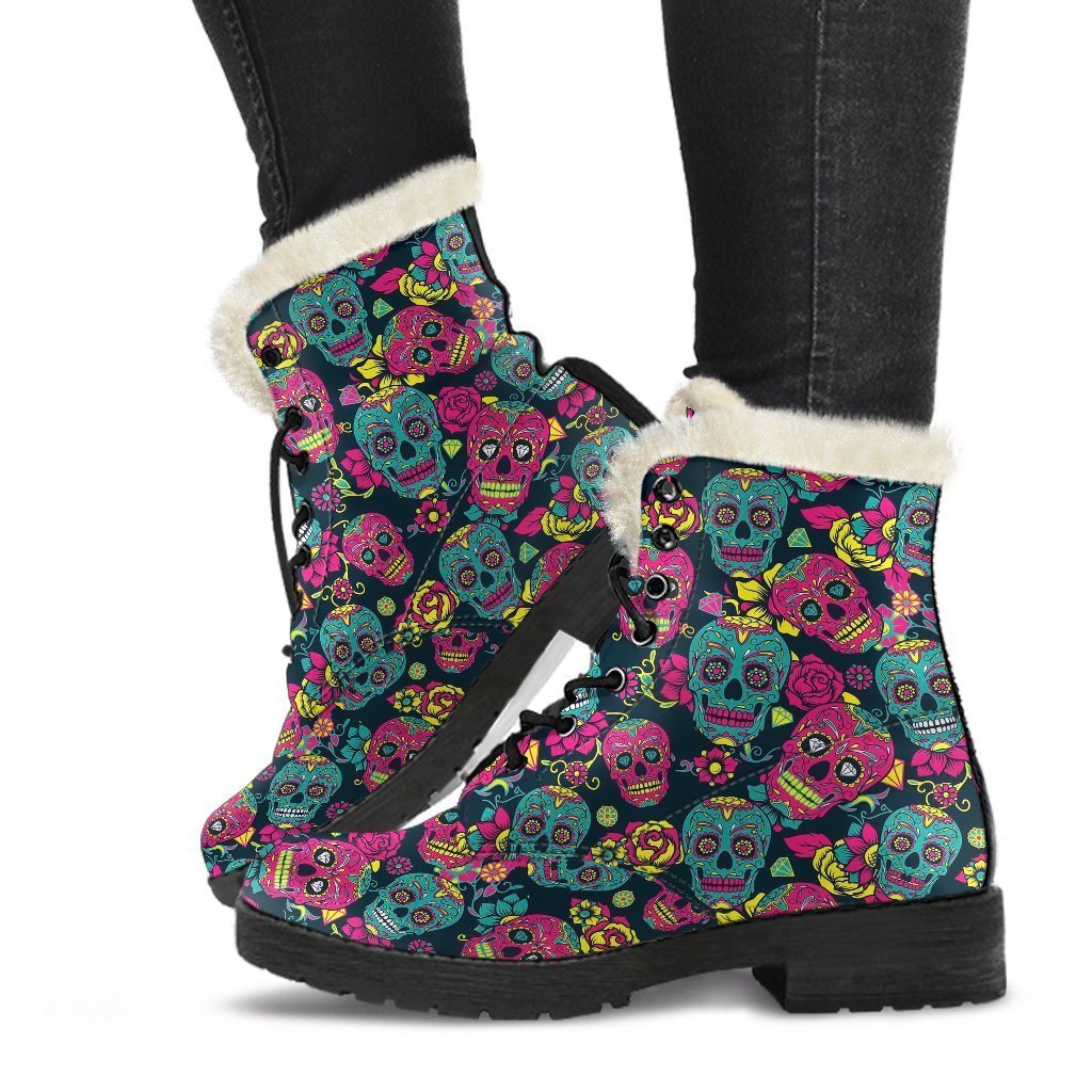 Sugar Skull Girly Skeleton Floral Pattern Print Comfy Winter Boots-grizzshop