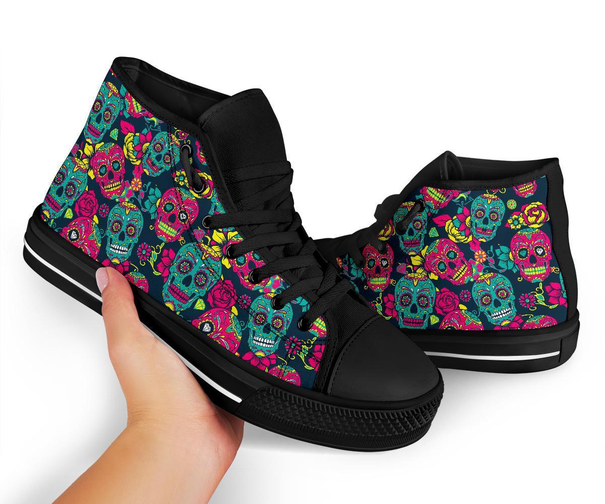 Sugar Skull Girly Skeleton Floral Pattern Print Men Women's High Top Shoes-grizzshop