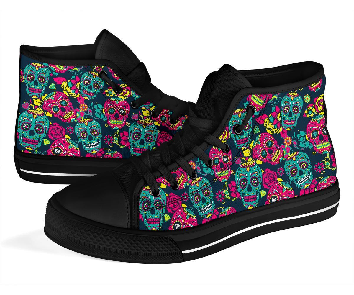 Sugar Skull Girly Skeleton Floral Pattern Print Men Women's High Top Shoes-grizzshop